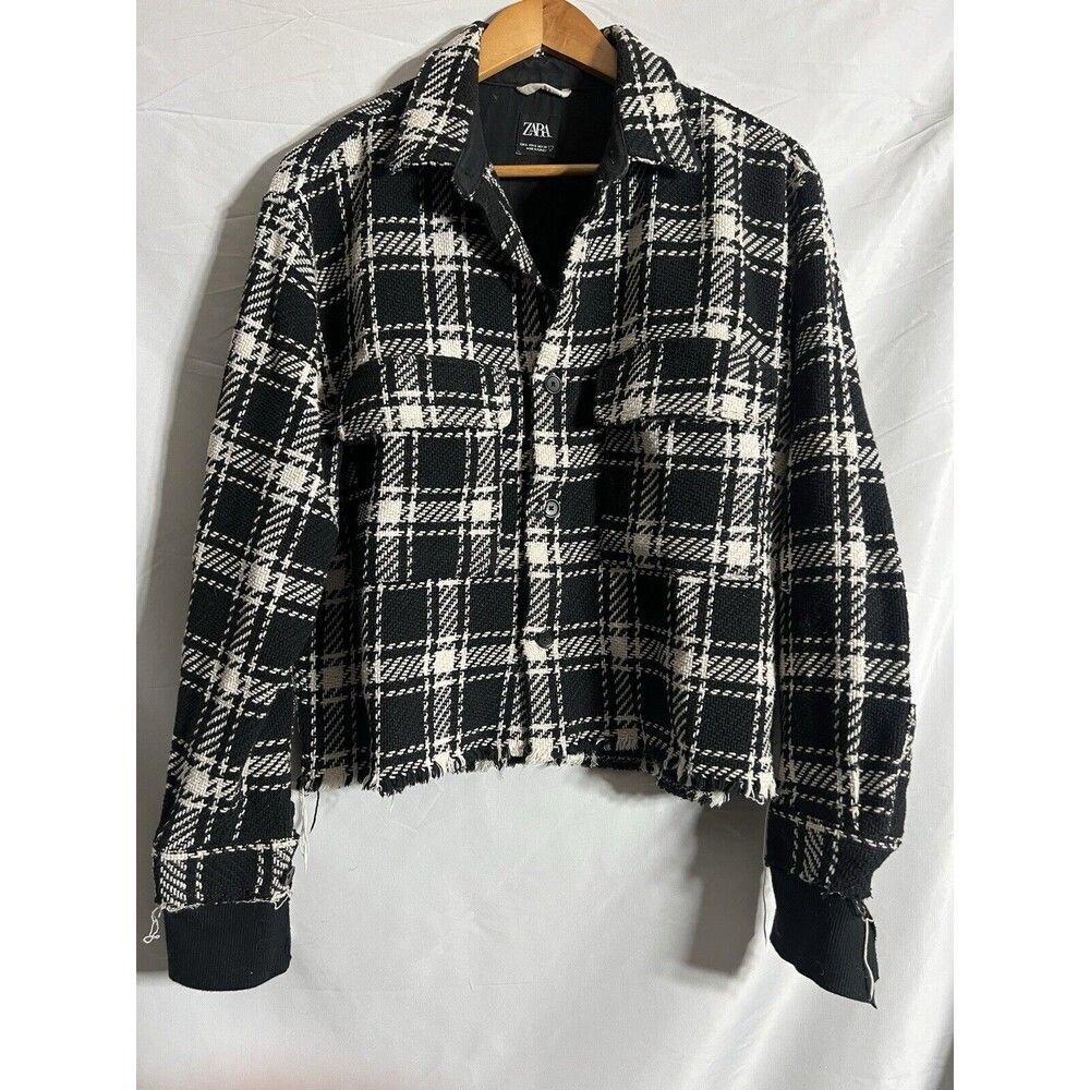 Zara Women's Black/White Plaid Tweed Frayed Long Sleeve Collared Coat Ja…